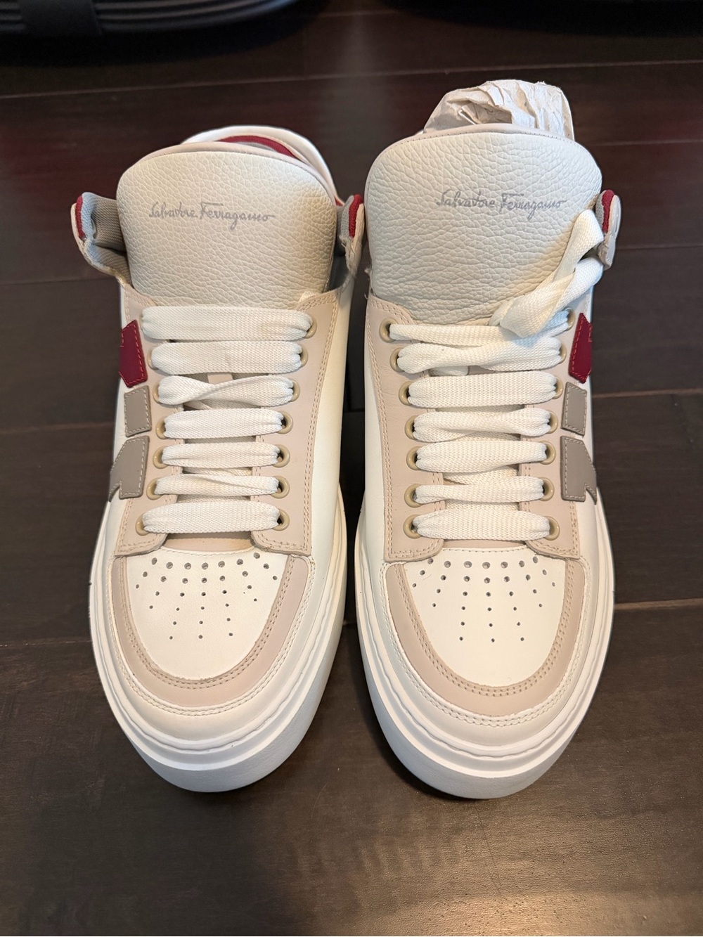 Salvatore Ferragamo Men’s White, Beige & Red Leather Sneakers